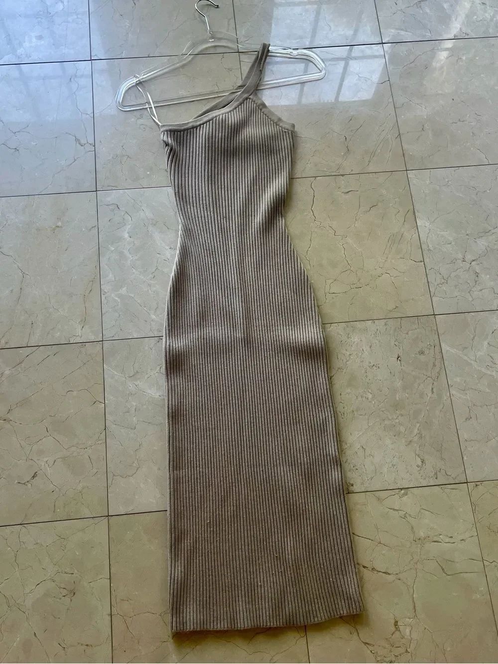 Ribbed One-Shoulder Sweater Maxi Dress in Taupe